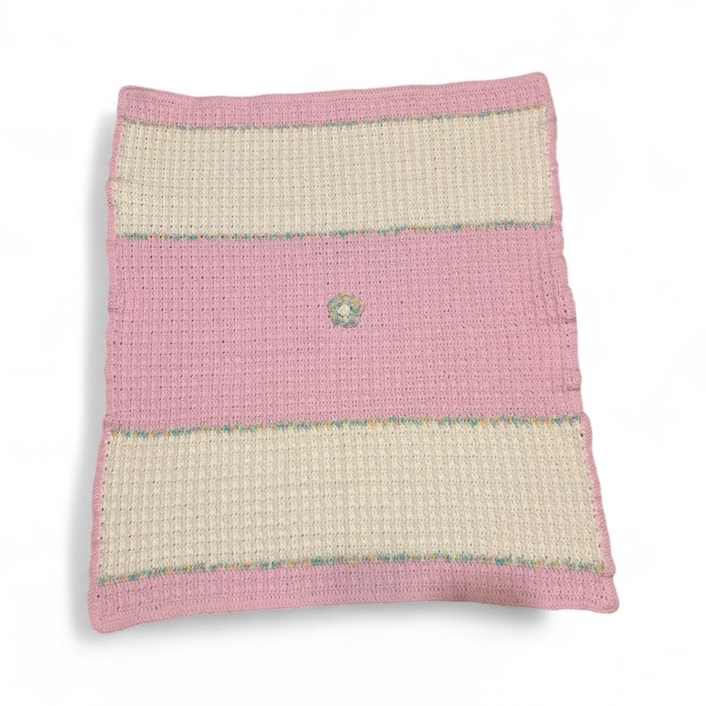 Pink and White Handmade Crocheted Baby Blanket Size 32 X 36 inches- Stunning!